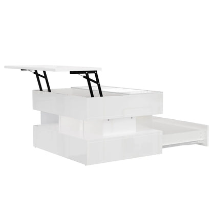 Glass Top LED Coffee Table, Storage Drawer, Adjustable Height, 26" L x 21.5" W x 21.5" H, White Coffee Tables at Gallery Canada