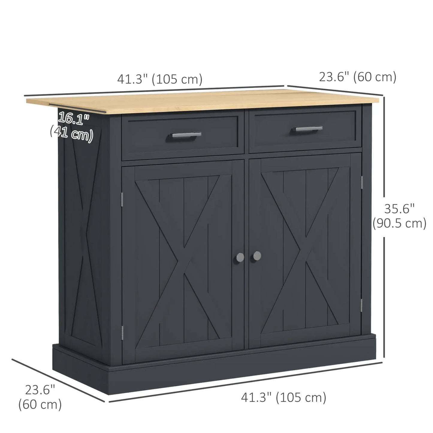 Kitchen Island with Drop Leaf, 2 Drawers, Adjustable Shelves, Dark Grey Kitchen Islands & Kitchen Carts at Gallery Canada