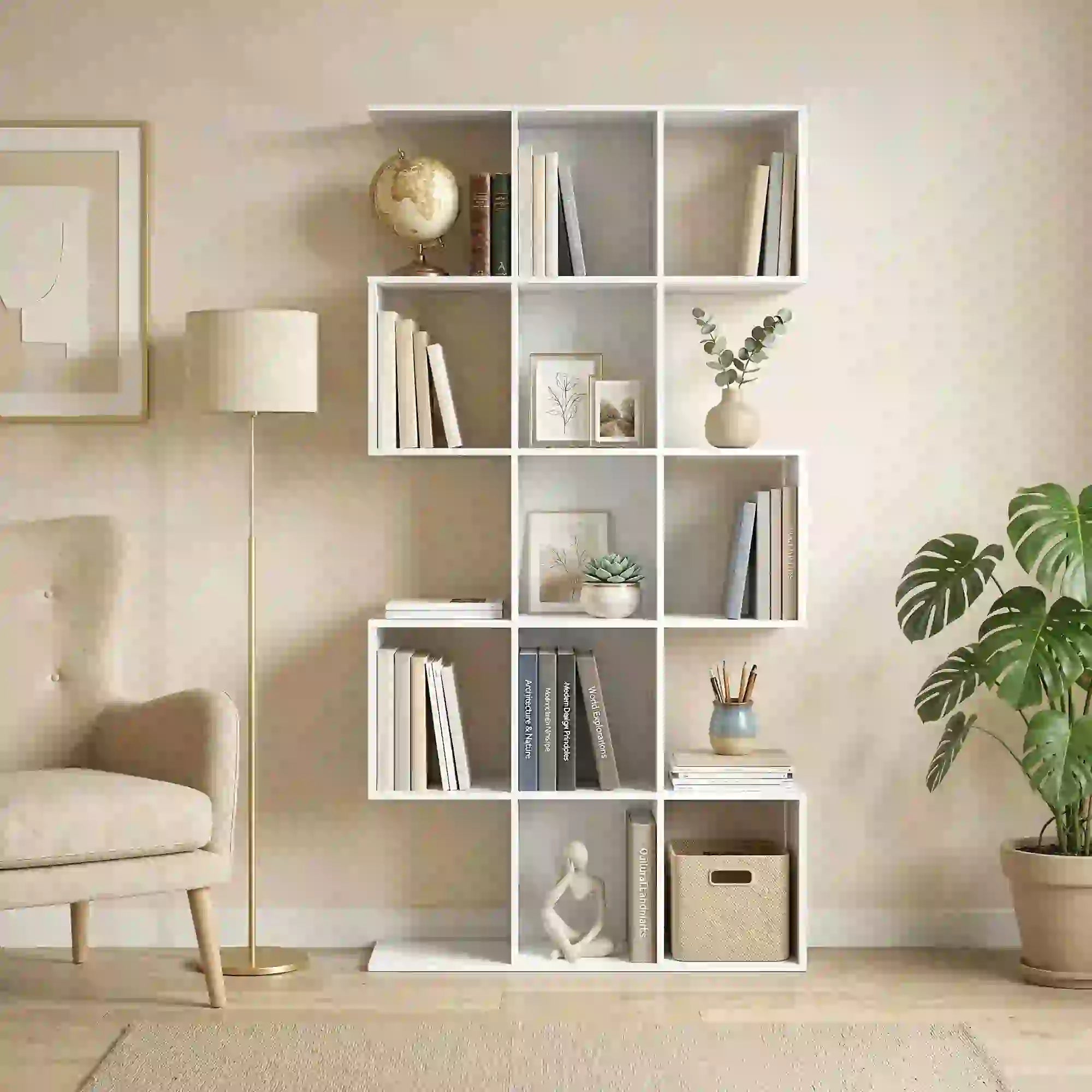 S-Shaped 5-Tier Bookshelf, 15 Compartments, White Wood Grain, White Display Bookshelves at Gallery Canada