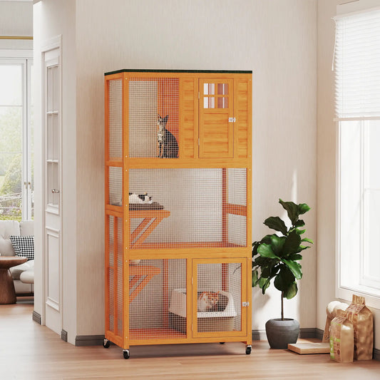 74" Wooden Outdoor Cat House, Weatherproof, Wheeled, High Weight Capacity, Orange Outdoor Cat Enclosures Orange at Gallery Canada
