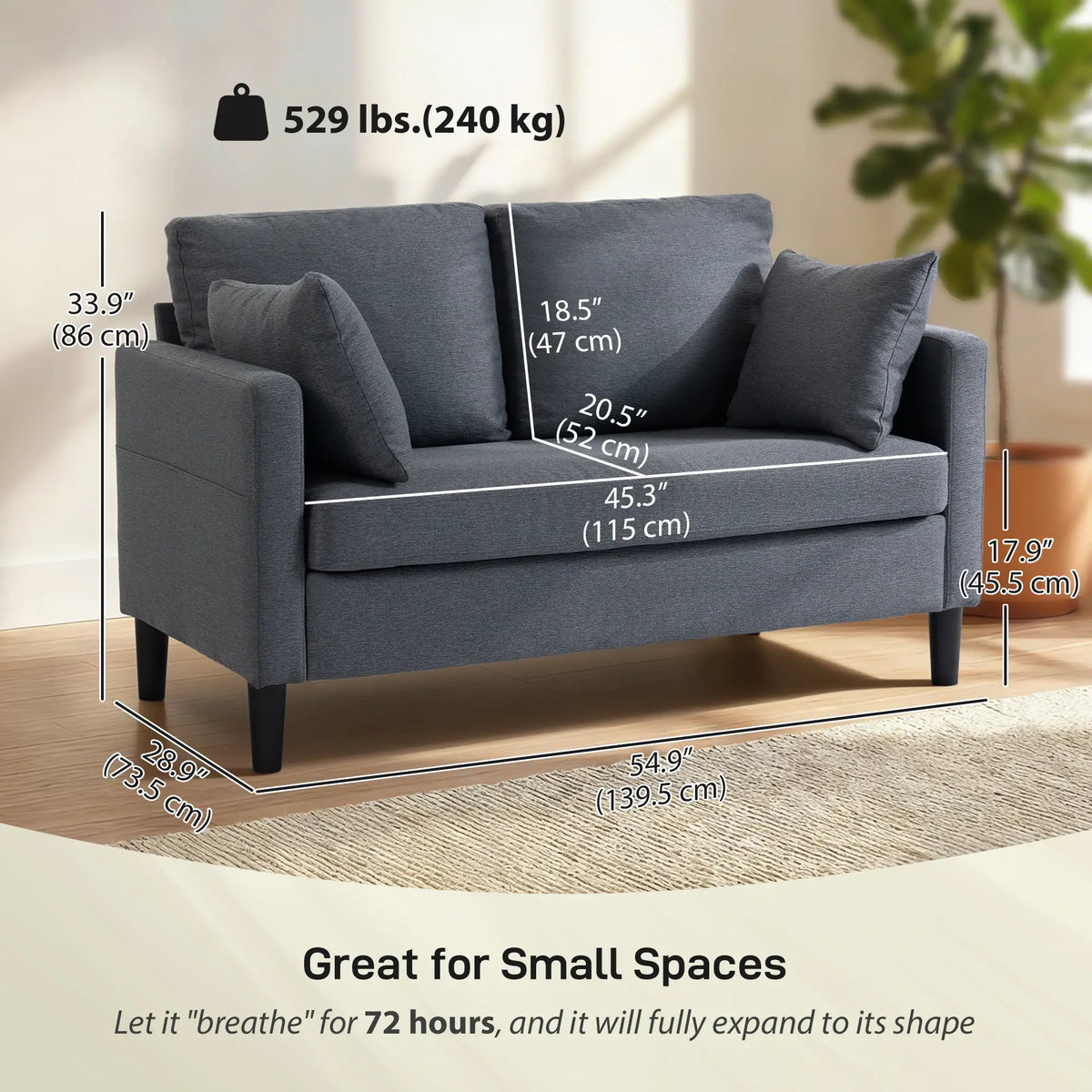 55" Loveseat Sofa, Modern Linen Upholstered, Dark Grey 2-Seater Sofas at Gallery Canada