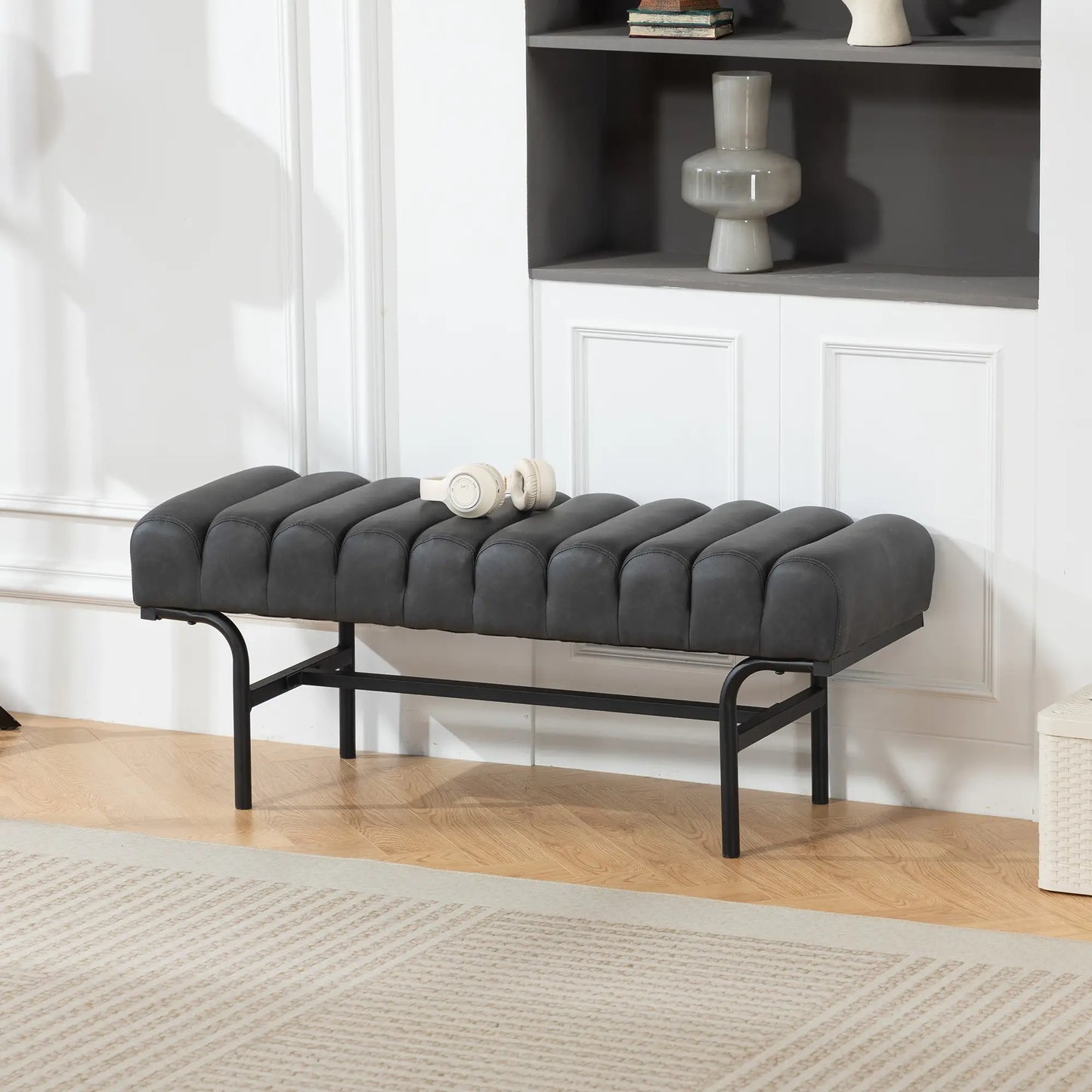 PU Leather Bedroom Bench, Cylindrical Seat, Metal Legs, Black Storage Ottomans & Benches at Gallery Canada
