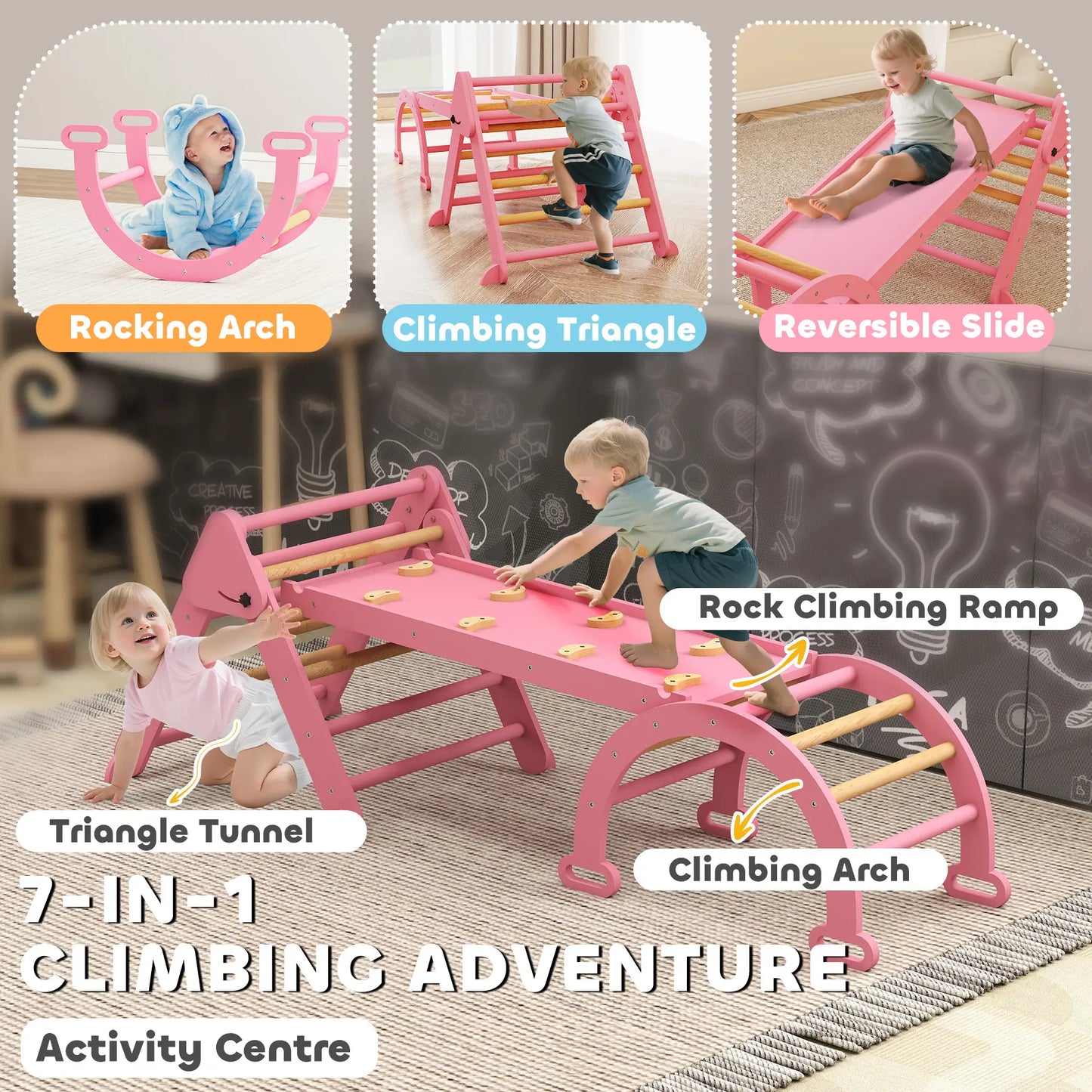 7-in-1 Pikler Triangle Set, Foldable Wooden Climbing Toys, Pink Kids Gym & Playmats at Gallery Canada