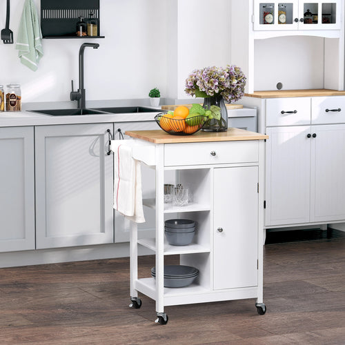 Modern Rolling Kitchen Island Cart, Natural Wood Top, White