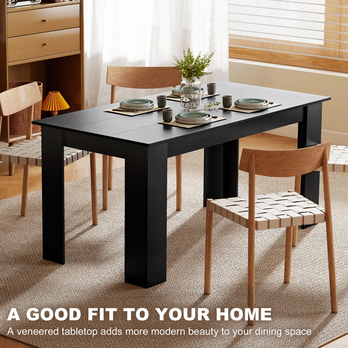 63" Kitchen Table for 4-6 People, Wood Effect, Black Dining Tables at Gallery Canada