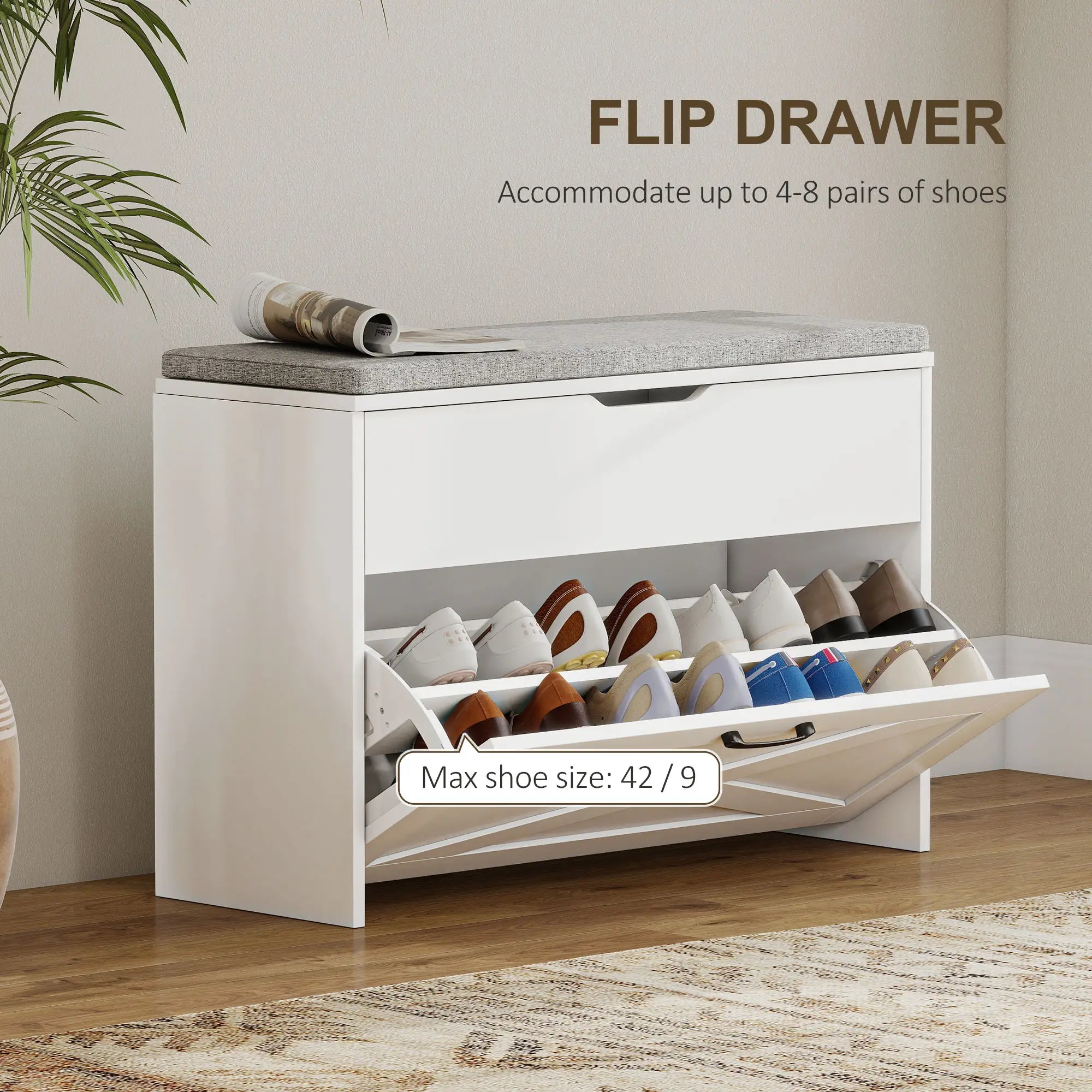 Shoe Storage Bench with Flip Drawer, Lift Top, Seat Cushion, White Shoe Storage Cabinets & Racks at Gallery Canada