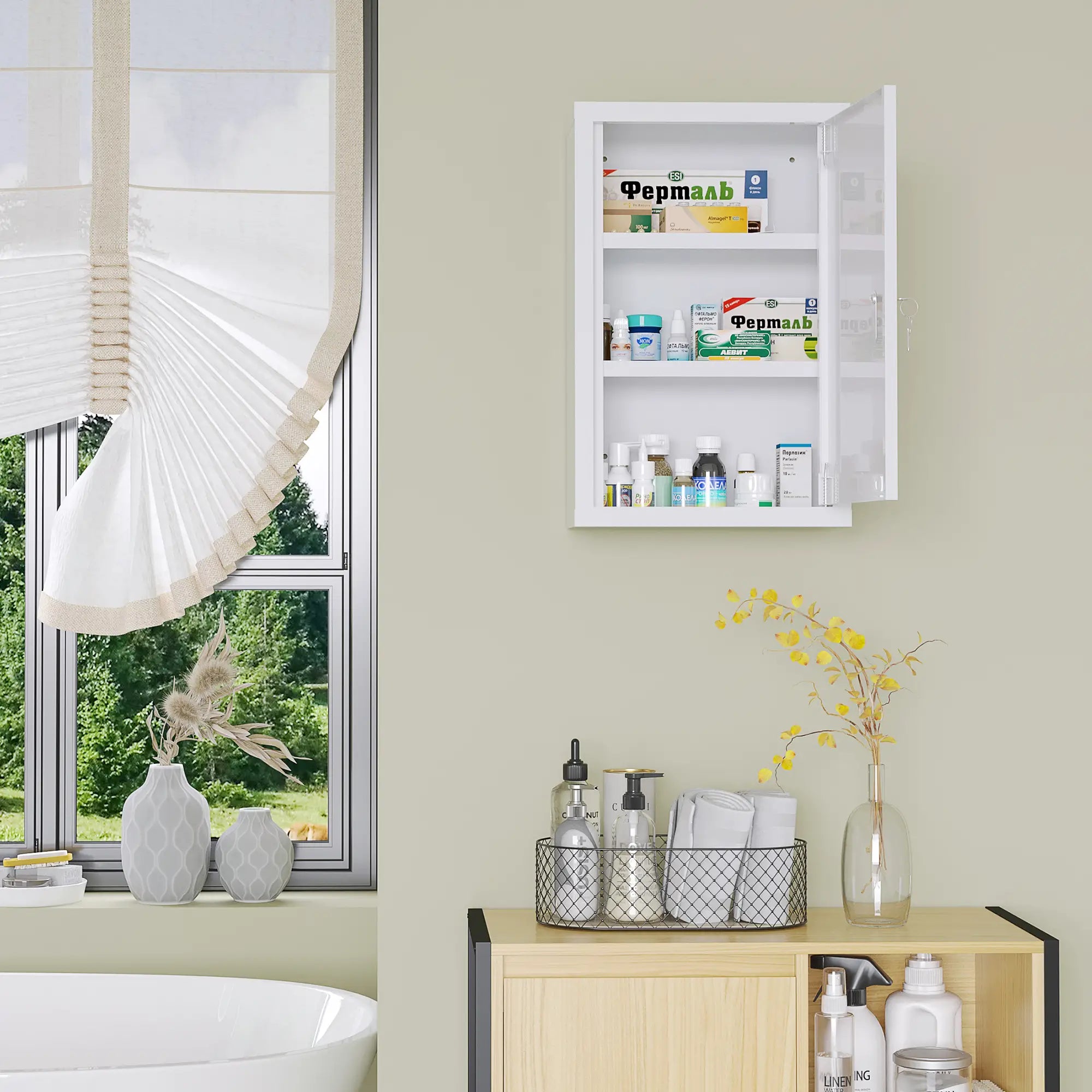 Lockable Medicine Cabinet, 3 Tier Steel Wall Box, 2 Keys, White Mirror Medicine Cabinets at Gallery Canada