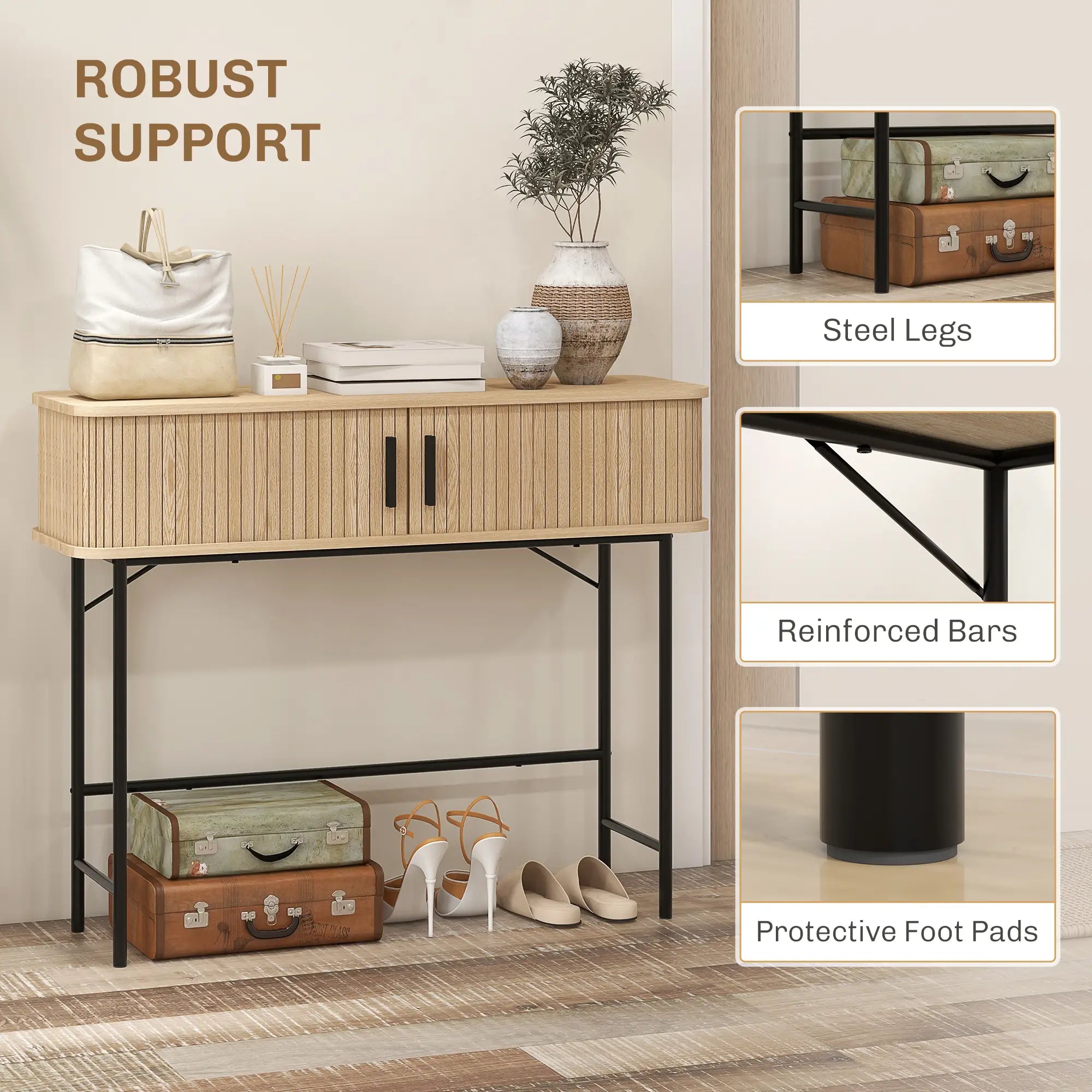 Mid-Century Narrow Console Table, Slatted Tambour Doors, Steel Legs, Oak, Black Console Tables at Gallery Canada