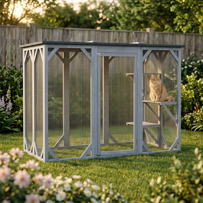 44.1" H Cat Cage, Indoor Outdoor Wooden Pet House, Small Animal Hutch, Grey Outdoor Cat Enclosures at Gallery Canada