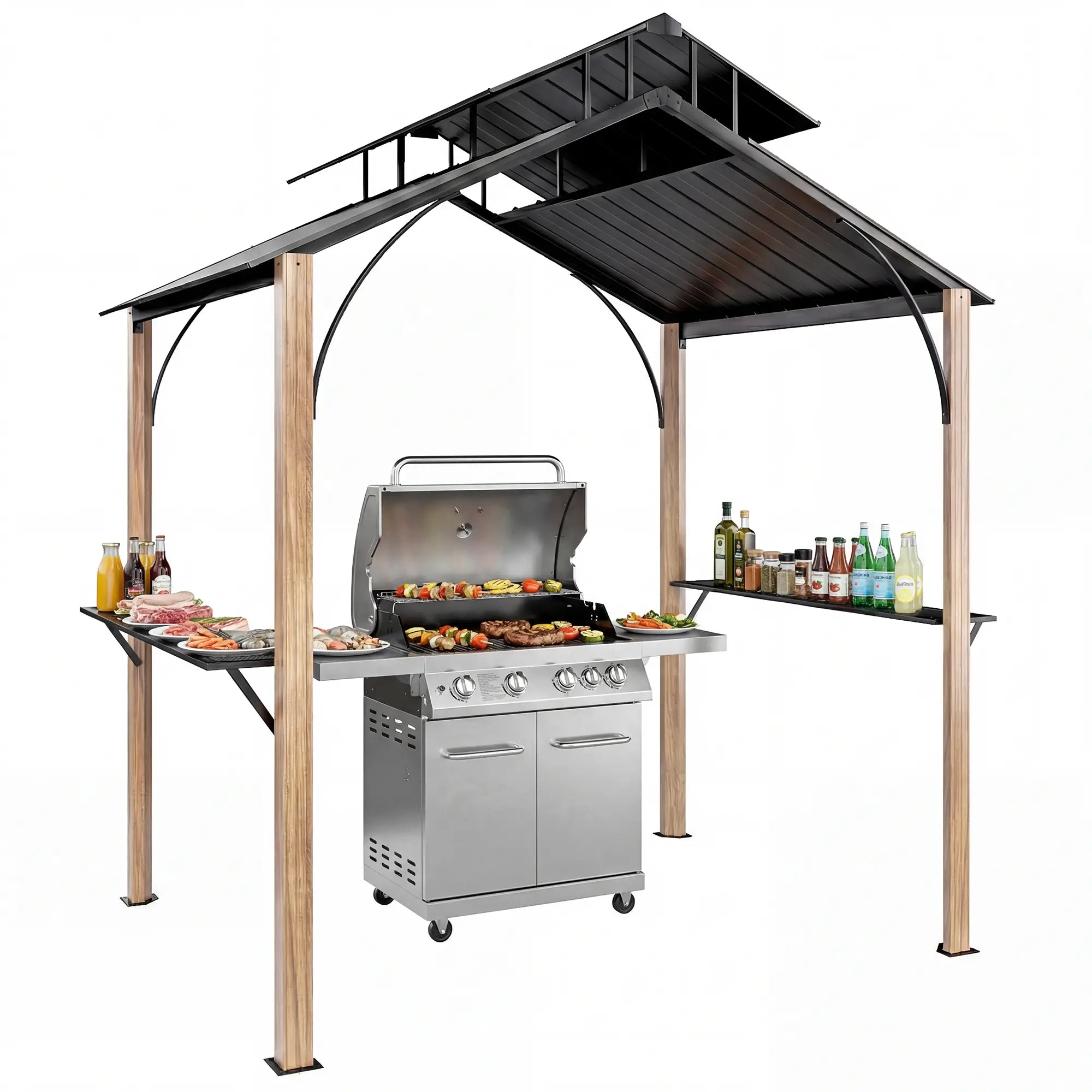 8 x 6ft Hardtop Grill Gazebo, Metal Double Roof, Wood-Grain Aluminum Frame BBQ Grill Gazebos at Gallery Canada