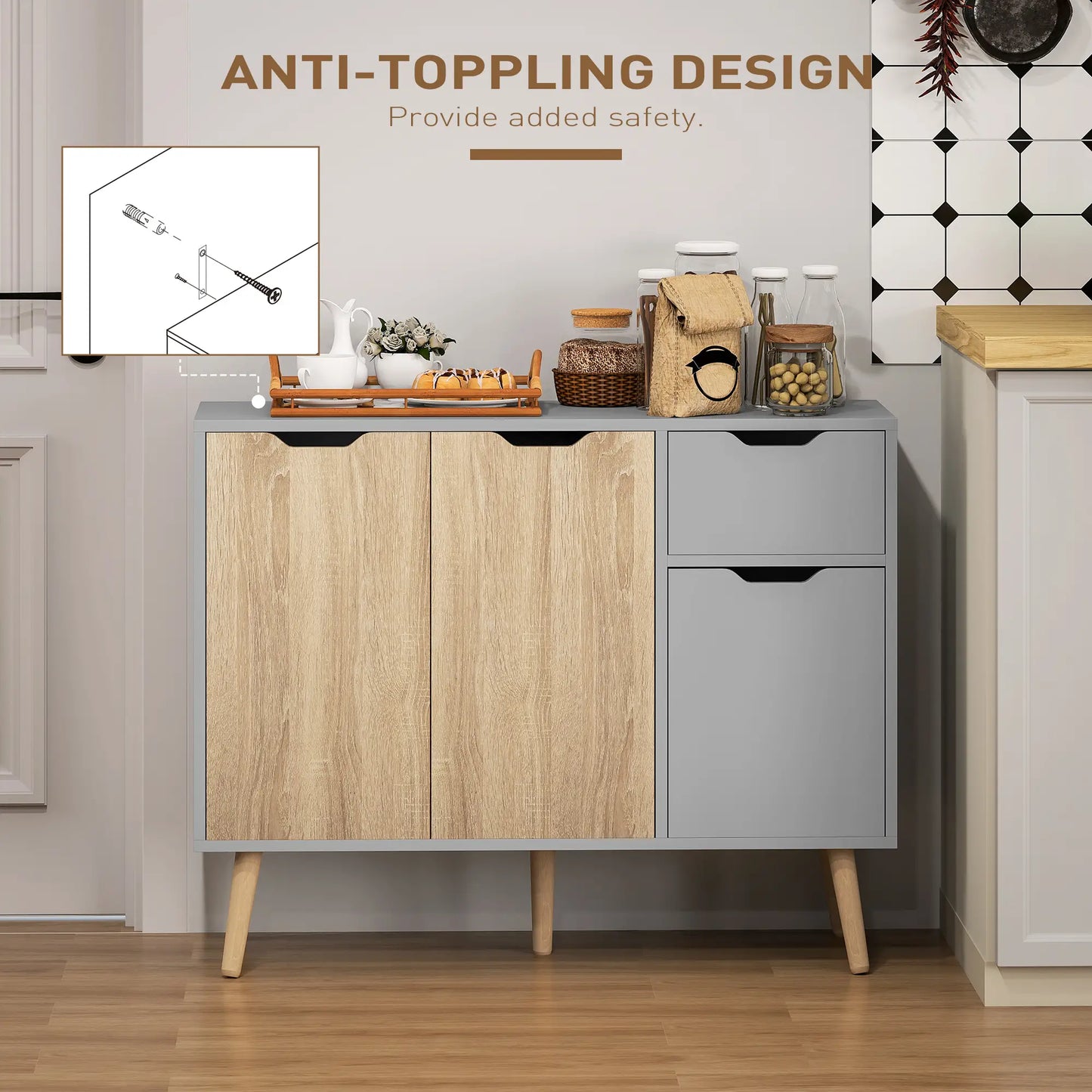 35" Sideboard Storage Cabinet, Nature Wood, Grey Bar Cabinets at Gallery Canada