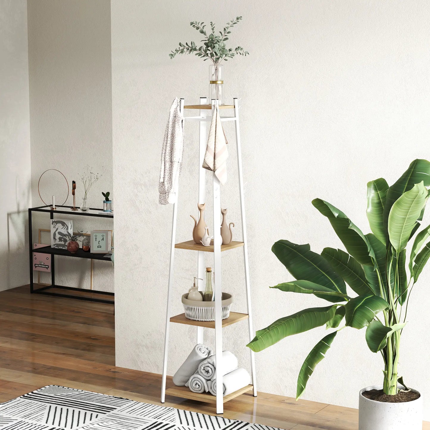 Clothes Rack with Storage, 8 Hooks, 3-Tier Shelf, Oak Clothing Storage at Gallery Canada