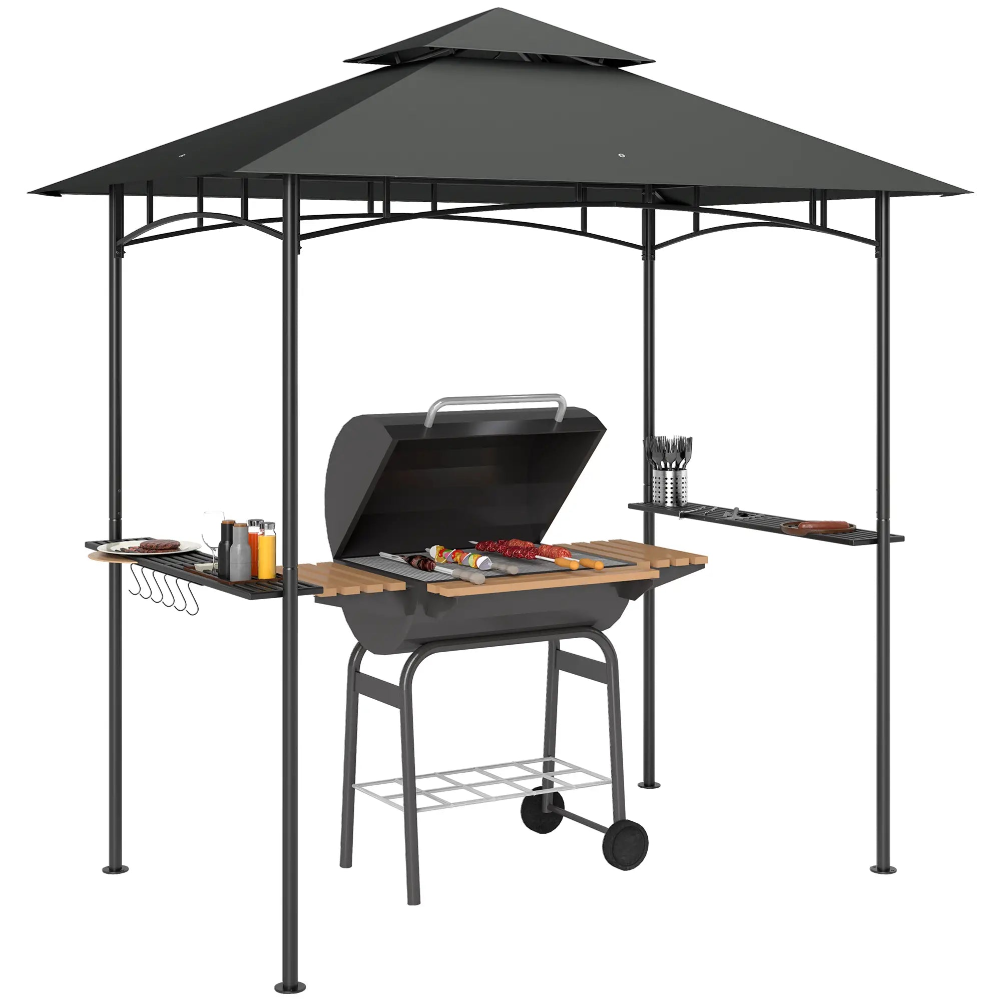 8' x 5' Outdoor Grill Gazebo, Double Tiered With Shelves, Dark Grey BBQ Grill Gazebos at Gallery Canada