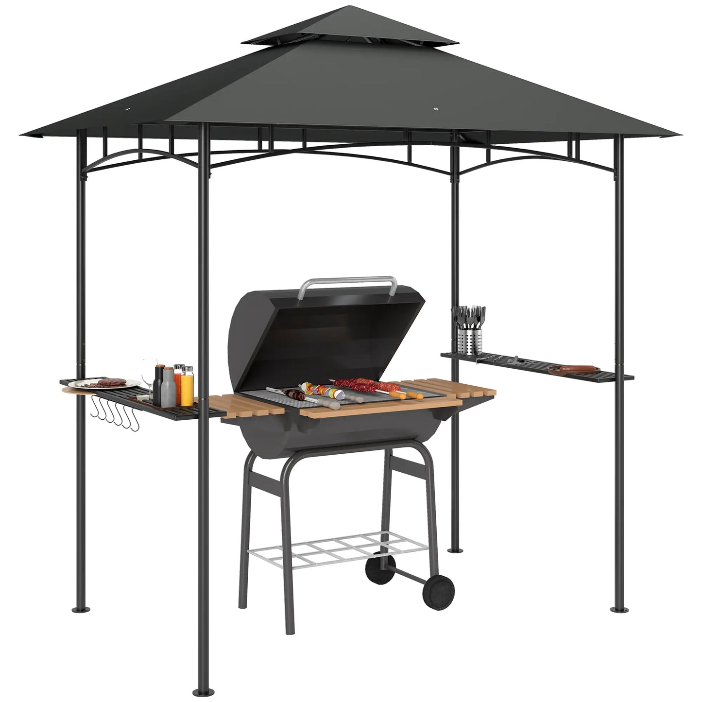 8' x 5' Outdoor Grill Gazebo, Double Tiered With Shelves, Dark Grey BBQ Grill Gazebos at Gallery Canada