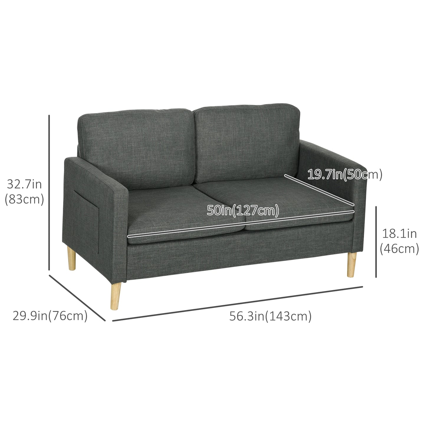 56" 2 Seat Sofa, Modern Love Seat, Upholstered Couch, Grey 2-Seater Sofas at Gallery Canada