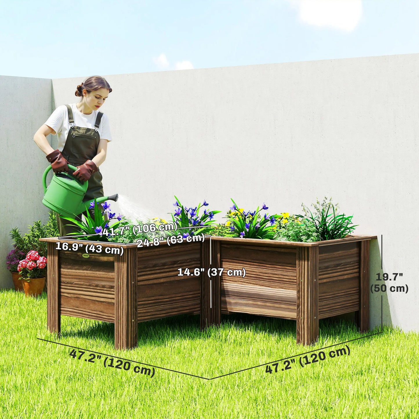 Wooden Raised Garden Bed, L-Shaped, Carbonized, With Legs