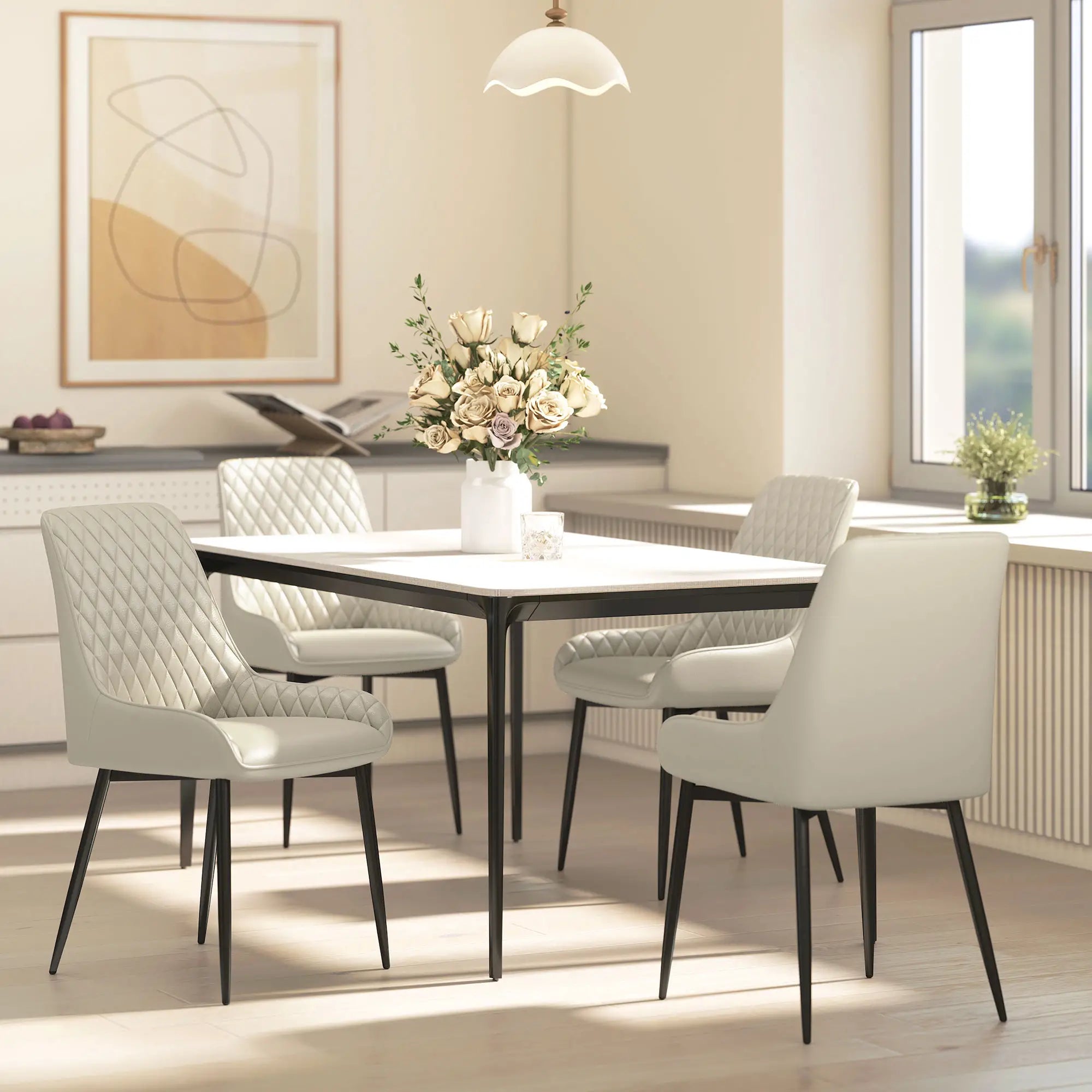 Upholstered Kitchen Chairs Set of 4, Diamond Tufting, Steel Legs, Khaki Dining Chairs at Gallery Canada