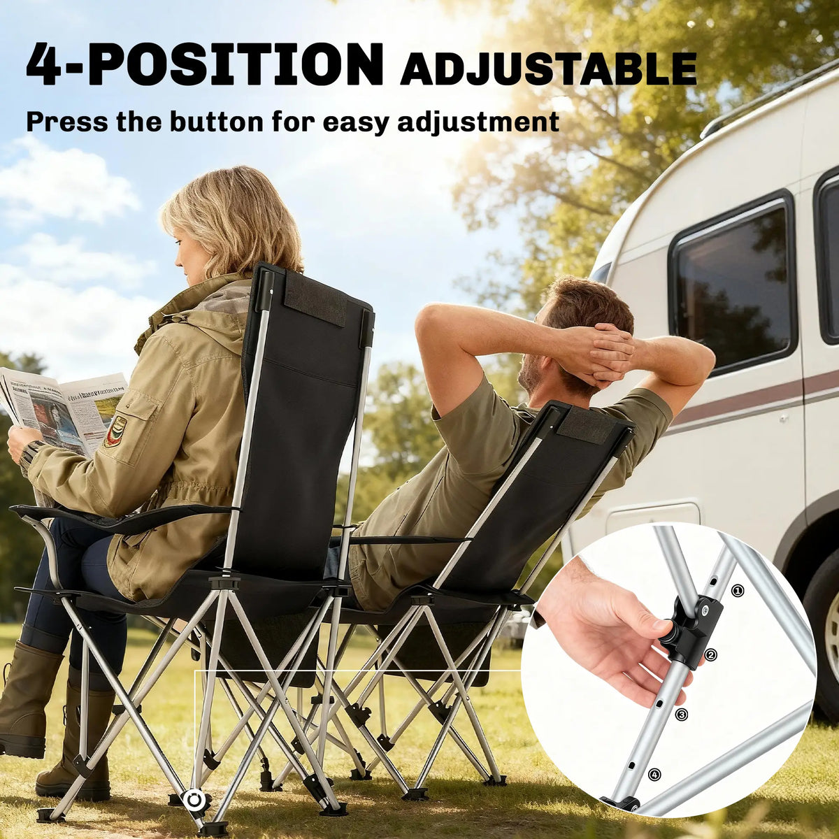 Reclining Camping Chair Set With Foot Rest, Headrest, Cup Holder, Storage Bag, Orange