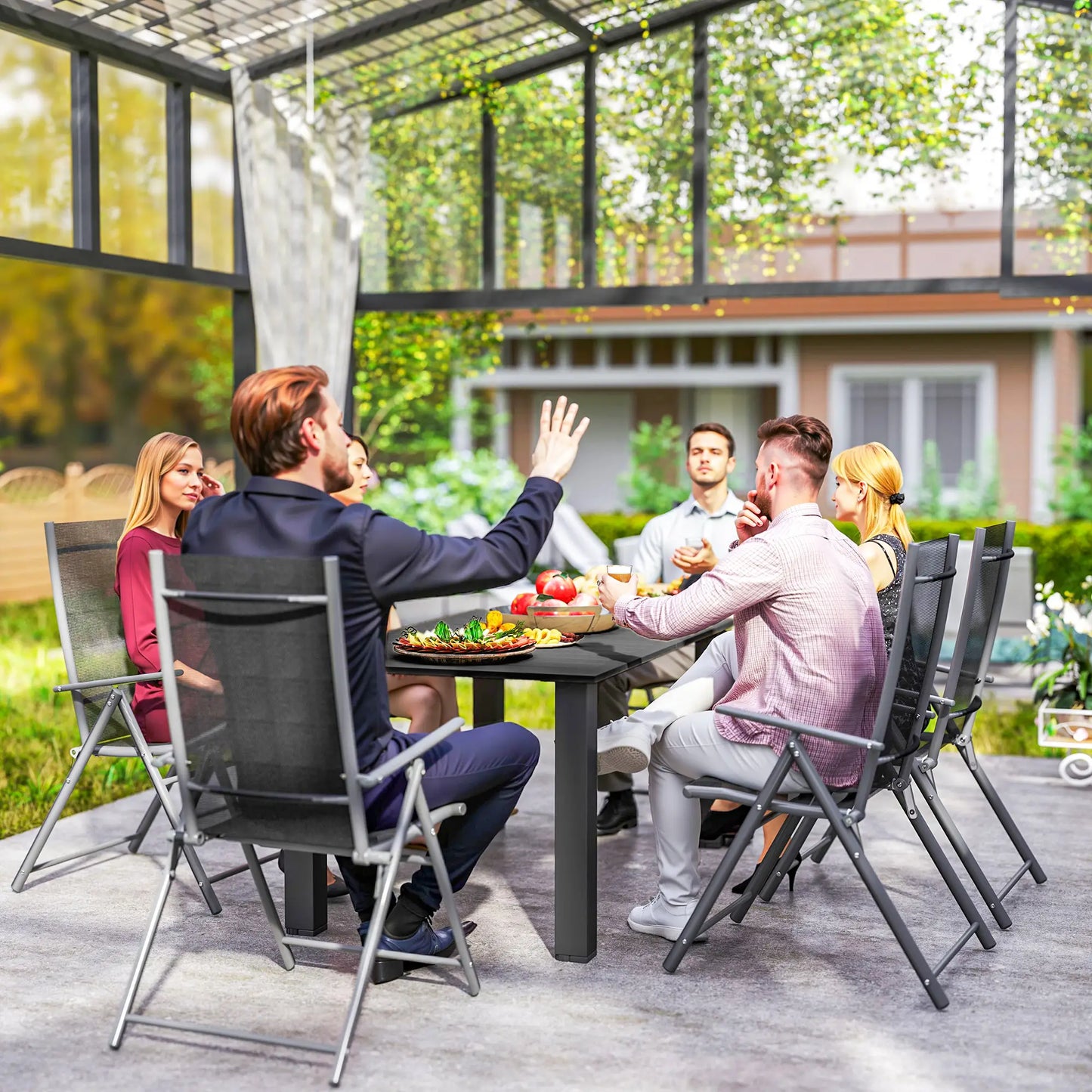 59" Outdoor Patio Table With Umbrella Hole, Slatted Tabletop, Black Patio Dining Tables at Gallery Canada
