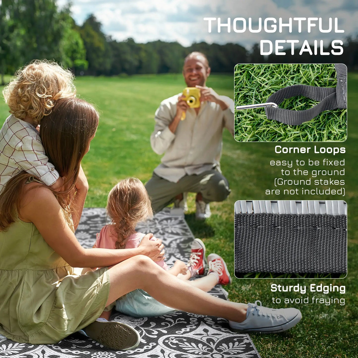 Portable Outdoor Rug with Carry Bag, 9' x 18', Waterproof, White Flower, Gray Outdoor Reversible Rugs at Gallery Canada