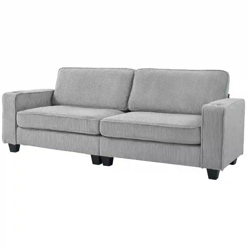 Three Seater Sofa, Fabric Couch with Spring Cushion, Cup Holders, Light Grey