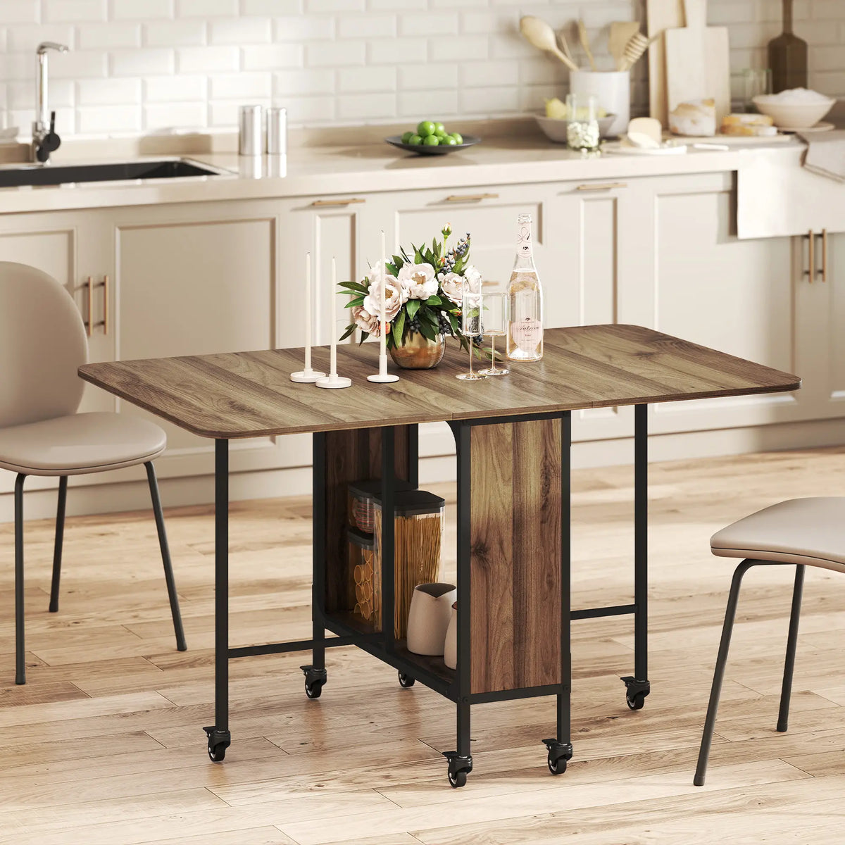 Folding Dining Table, Extendable Kitchen Table, 6 Wheels, Light Brown Bar Tables & Dining Tables at Gallery Canada