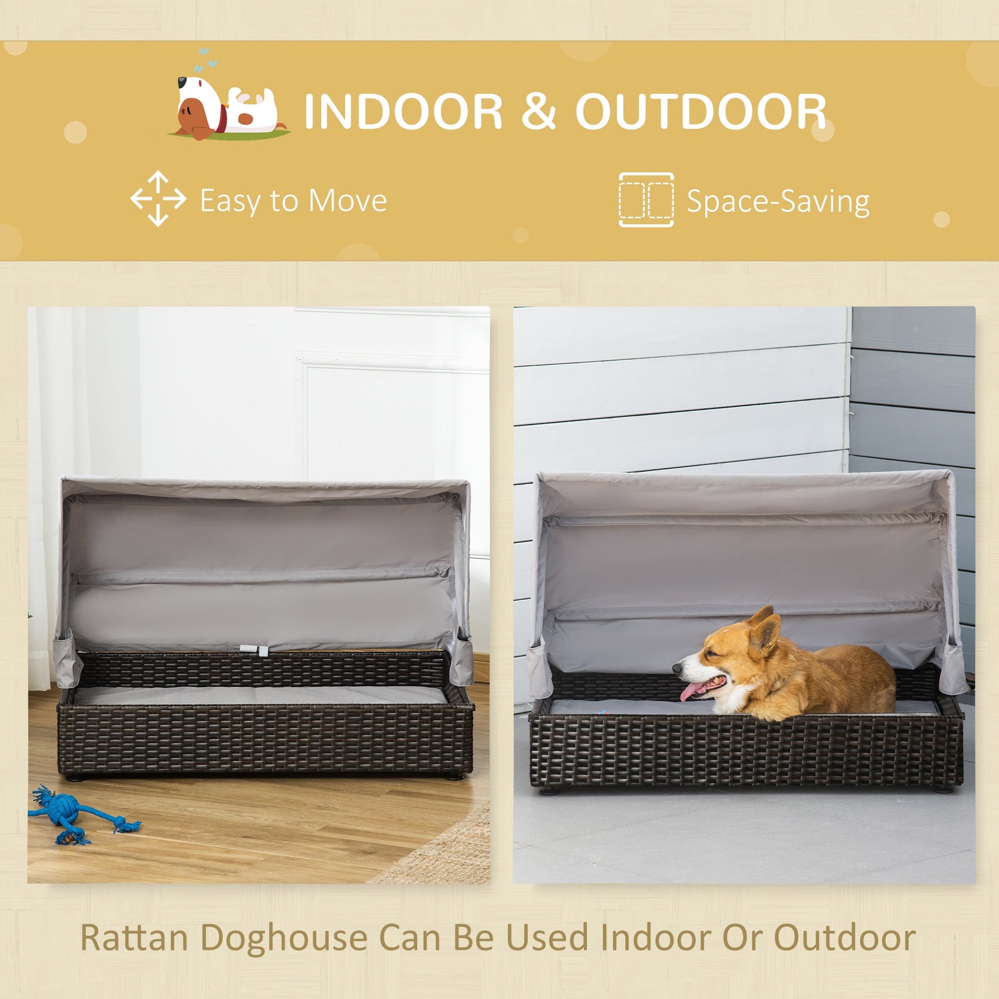 Wicker Dog House, Elevated Pet Sofa, Rattan Cat Bed, Indoor Outdoor Use, for Garden Patio with Foldable Roof, for Small or Medium-Sized Dogs, Coffee at Gallery Canada