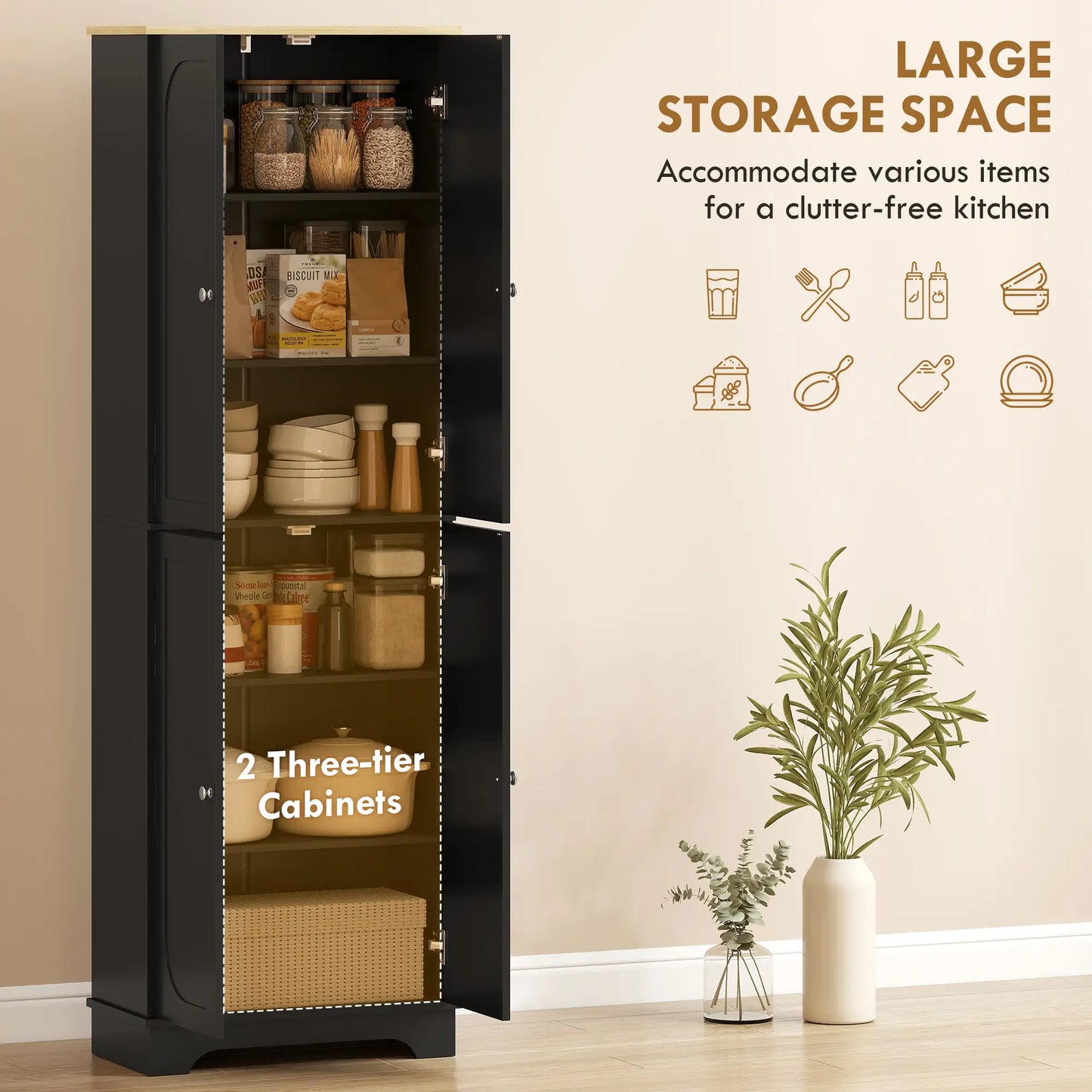 72" Tall Pantry Cabinet, Adjustable Shelves, 4 Doors, Black Kitchen Pantry Cabinets at Gallery Canada