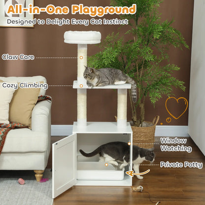 Cat Tree with Litter Box, Scratching Posts, Large Platform, Bed, White Cat Litter Box Enclosures at Gallery Canada