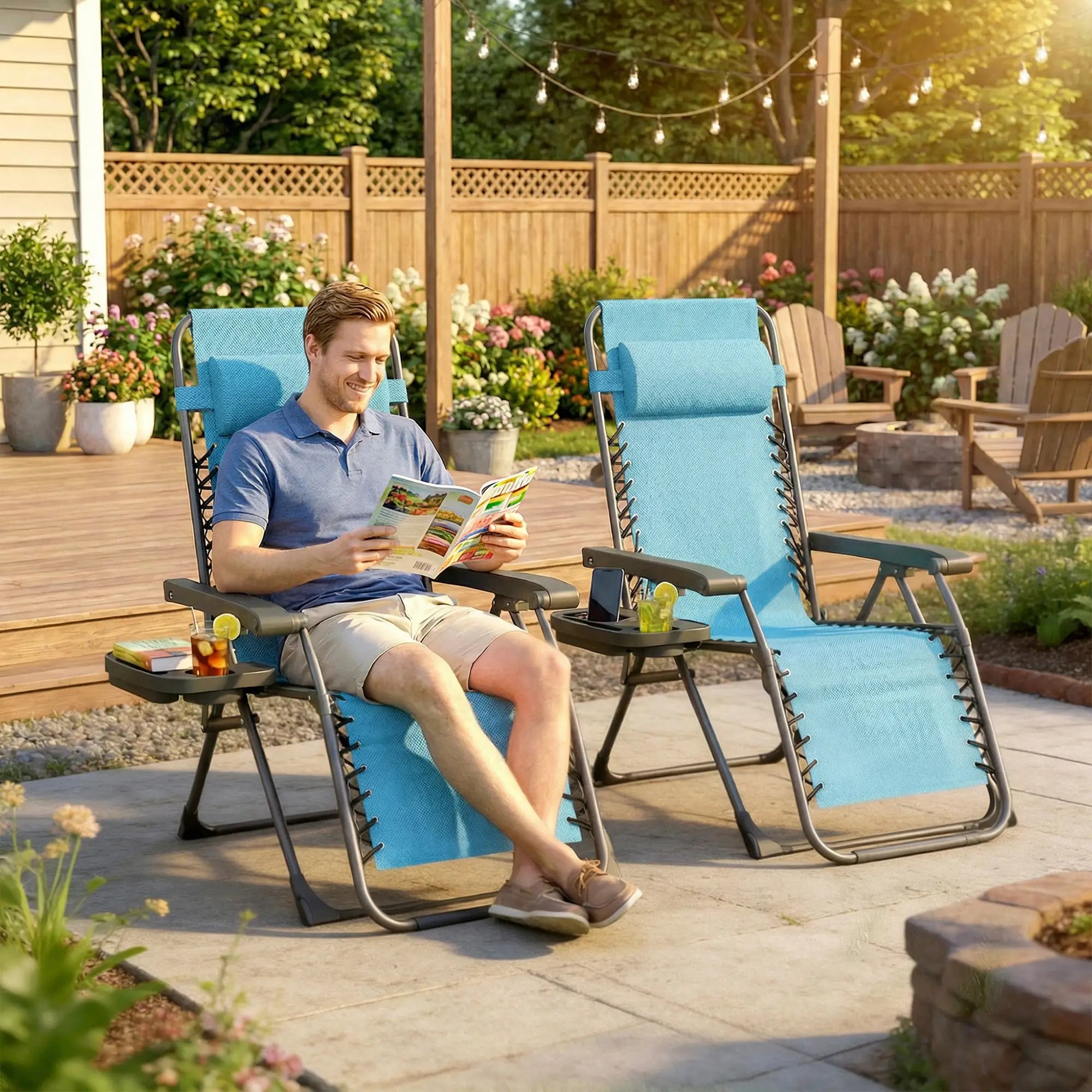 Folding Reclining Outdoor Lounge Chair, Set of 2, Sky Blue Lounger Chairs at Gallery Canada