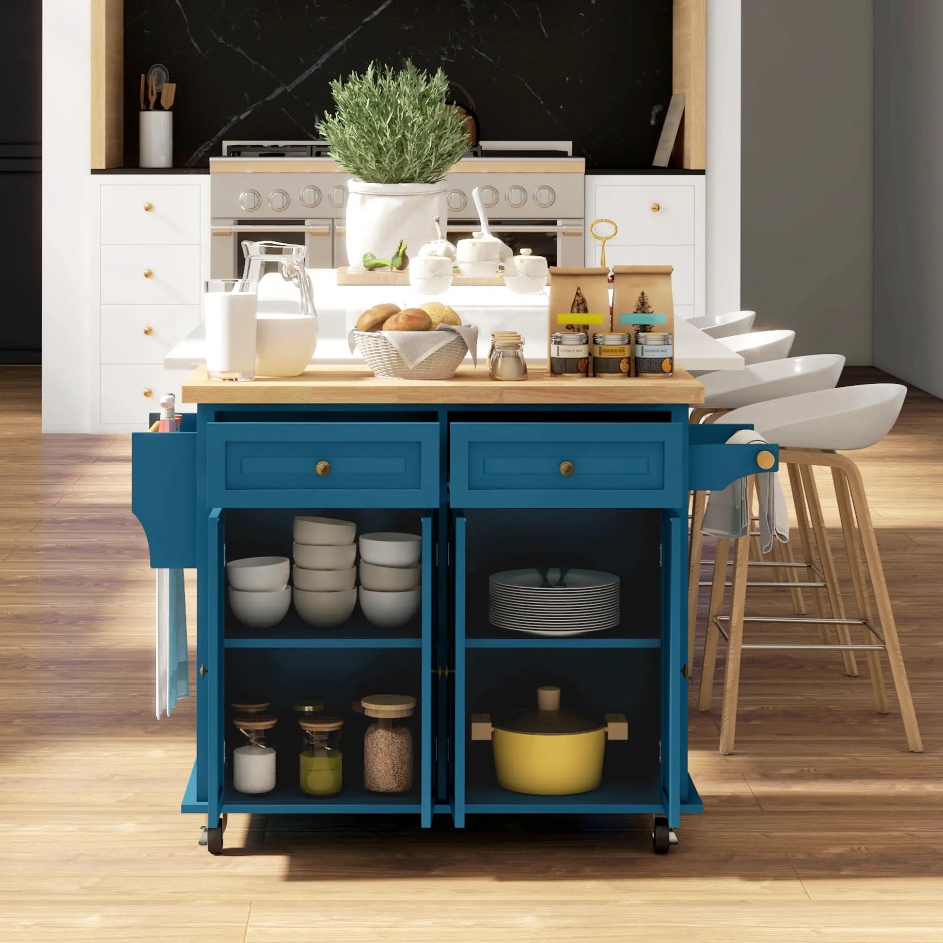 Kitchen Island with Storage, Rolling Cart, Rubber Wood Top, Blue Kitchen Islands & Kitchen Carts at Gallery Canada