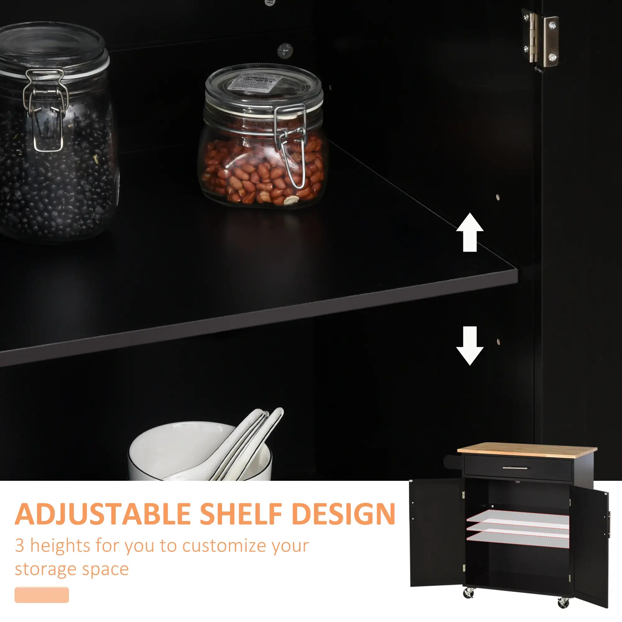 Rolling Kitchen Island Cart, Wood Top, Storage Drawer, Towel Bar, Shelves, Black Kitchen Islands & Kitchen Carts at Gallery Canada