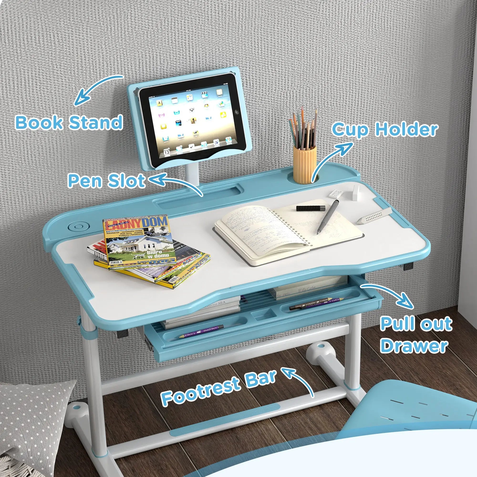 Adjustable Kids Desk and Chair Set, Tilt Desktop, Large Board, Drawer, Blue Kids Desk Sets at Gallery Canada