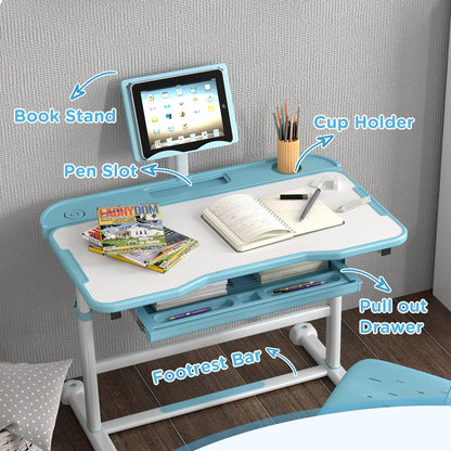 Adjustable Kids Desk and Chair Set, Tilt Desktop, Large Board, Drawer, Blue Kids Desk Sets at Gallery Canada