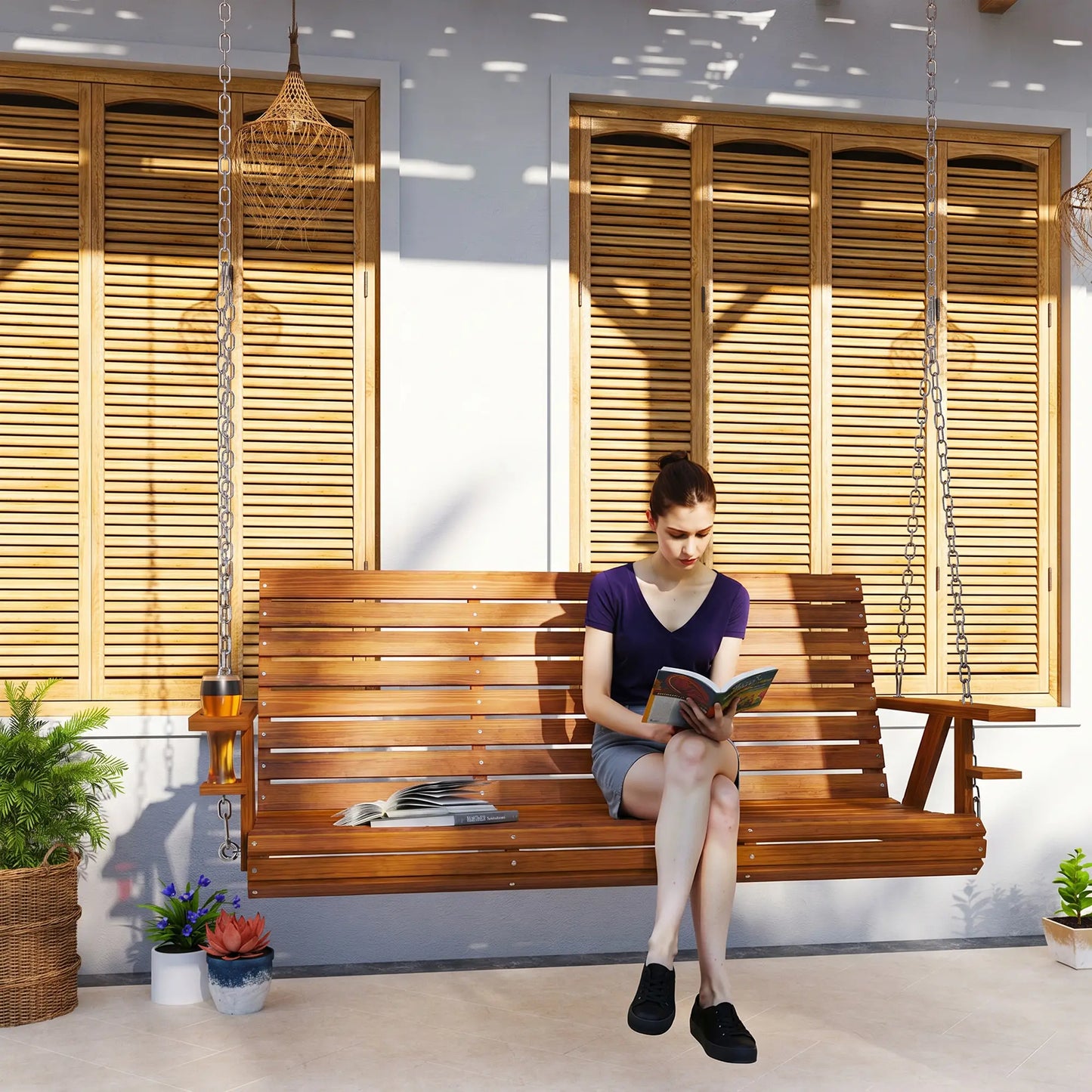 Carbonized Wooden 3-Seater Swing Bench with Cupholders Hanging Porch Swings at Gallery Canada