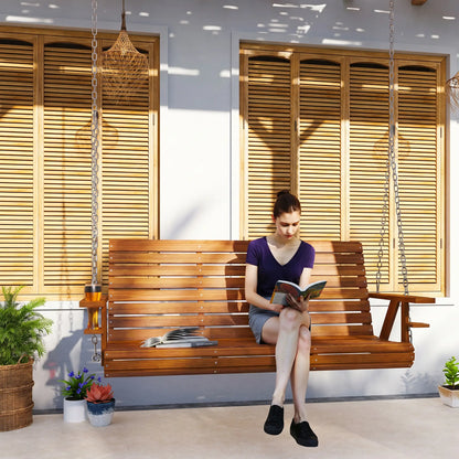 Carbonized Wooden 3-Seater Swing Bench with Cupholders Hanging Porch Swings at Gallery Canada