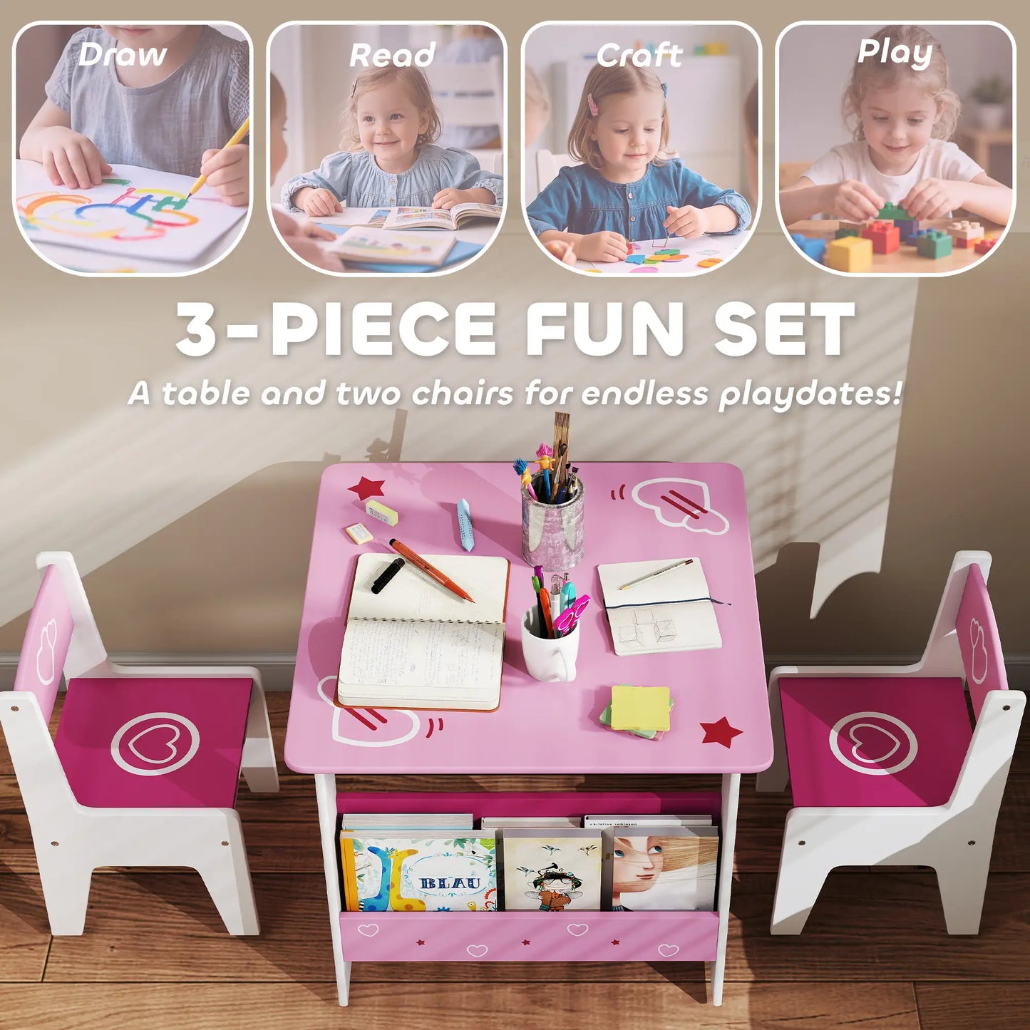 Kids Table Chair Set with Bookshelves, 3 Pieces, Pink Kids Table Sets at Gallery Canada