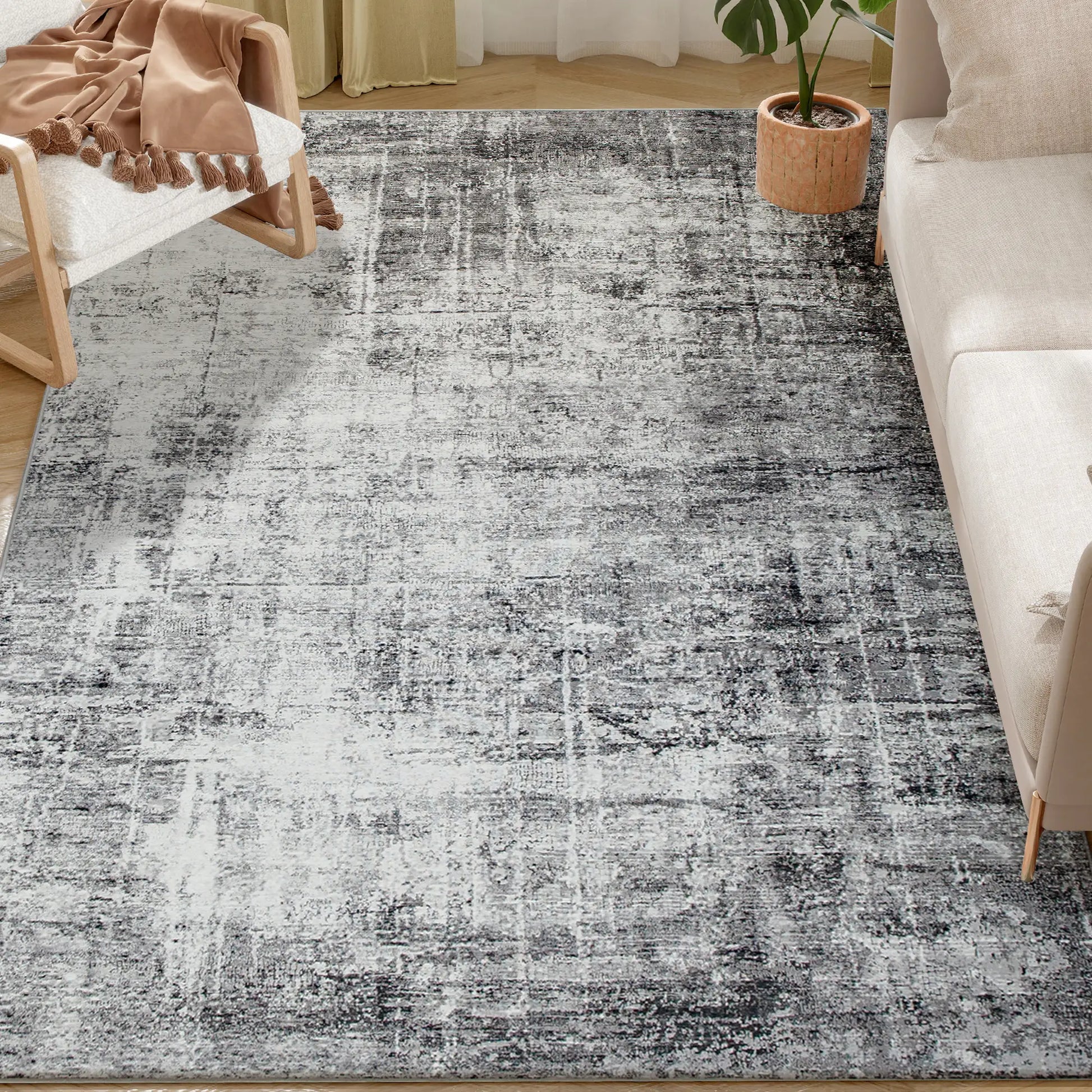 Modern Abstract Area Rug 5x7, Machine Washable, Non-Slip, Grey Living Room Furniture at Gallery Canada