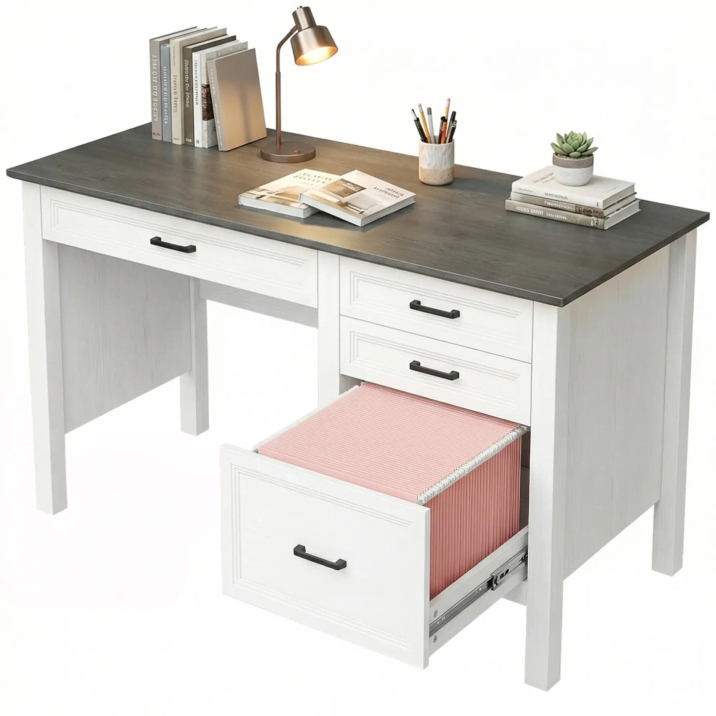 54" Farmhouse Executive Desk, Computer Desk With Drawers, White Computer Desks Black Wood Grain, White Wood Grain at Gallery Canada