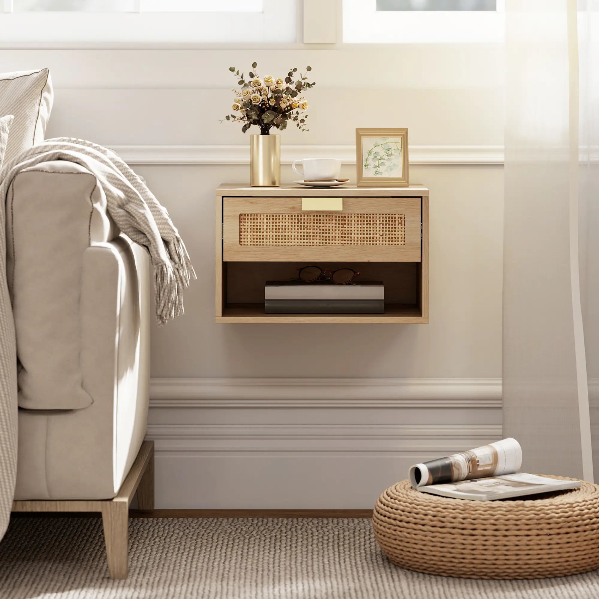 Floating Bedside Table Set, Wall Mount Nightstand With Storage Drawer, Oak Bedside Tables at Gallery Canada