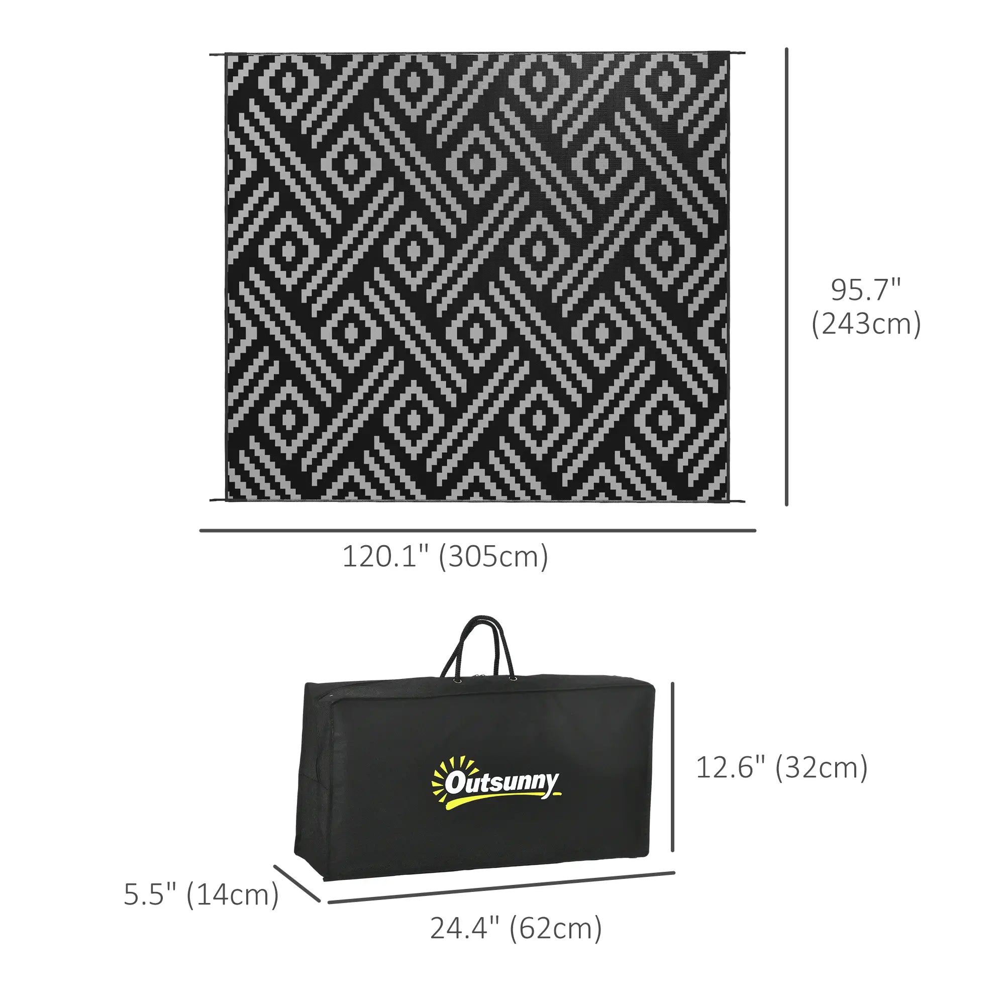 Reversible Outdoor Rug, Waterproof Plastic Straw, 8' x 10', Geometric, Black Grey Outdoor Reversible Rugs at Gallery Canada