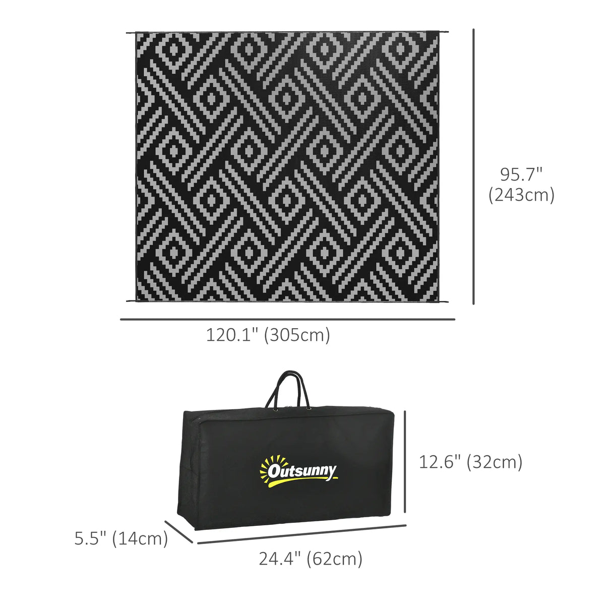 Reversible Outdoor Rug, Waterproof Plastic Straw, 8' x 10', Geometric, Black Grey Outdoor Reversible Rugs at Gallery Canada