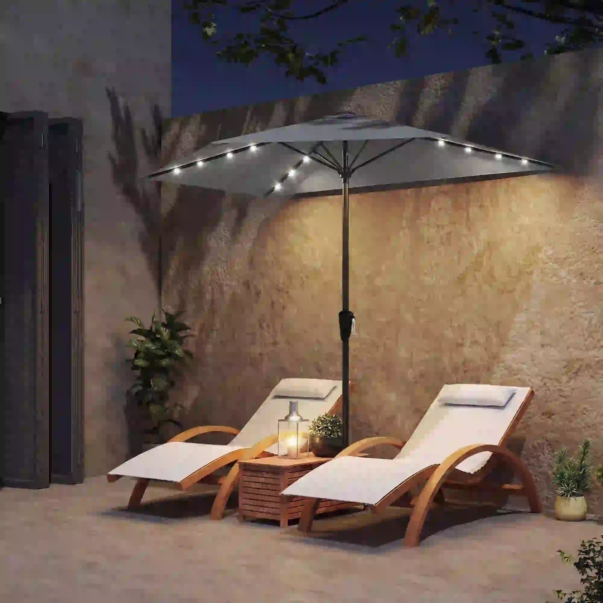 Half Patio Umbrella With Solar LED Lights, 9ft, Dark Grey Half Round Umbrellas at Gallery Canada