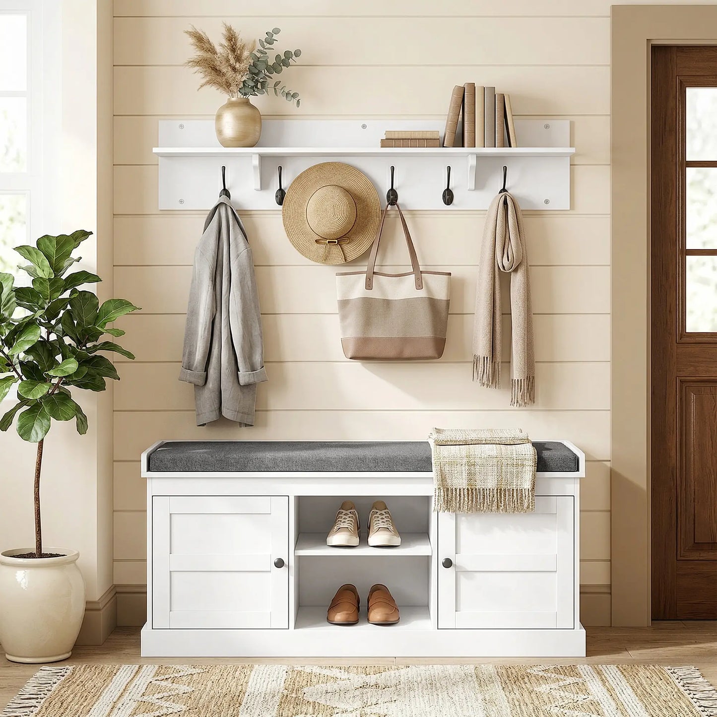 2-in-1 Coat Rack Shoe Bench With 6 Hooks, White Grey Shoe Storage Cabinets & Racks at Gallery Canada