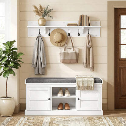 2-in-1 Coat Rack Shoe Bench With 6 Hooks, White Grey Shoe Storage Cabinets & Racks at Gallery Canada