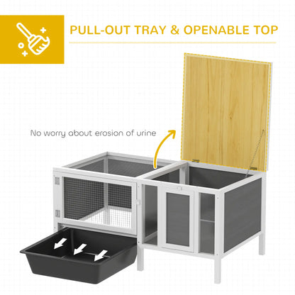 Wooden Rabbit Hutch With Run, Openable Top, Pull Out Tray, Ramp, Water-Resistant Roof, Grey