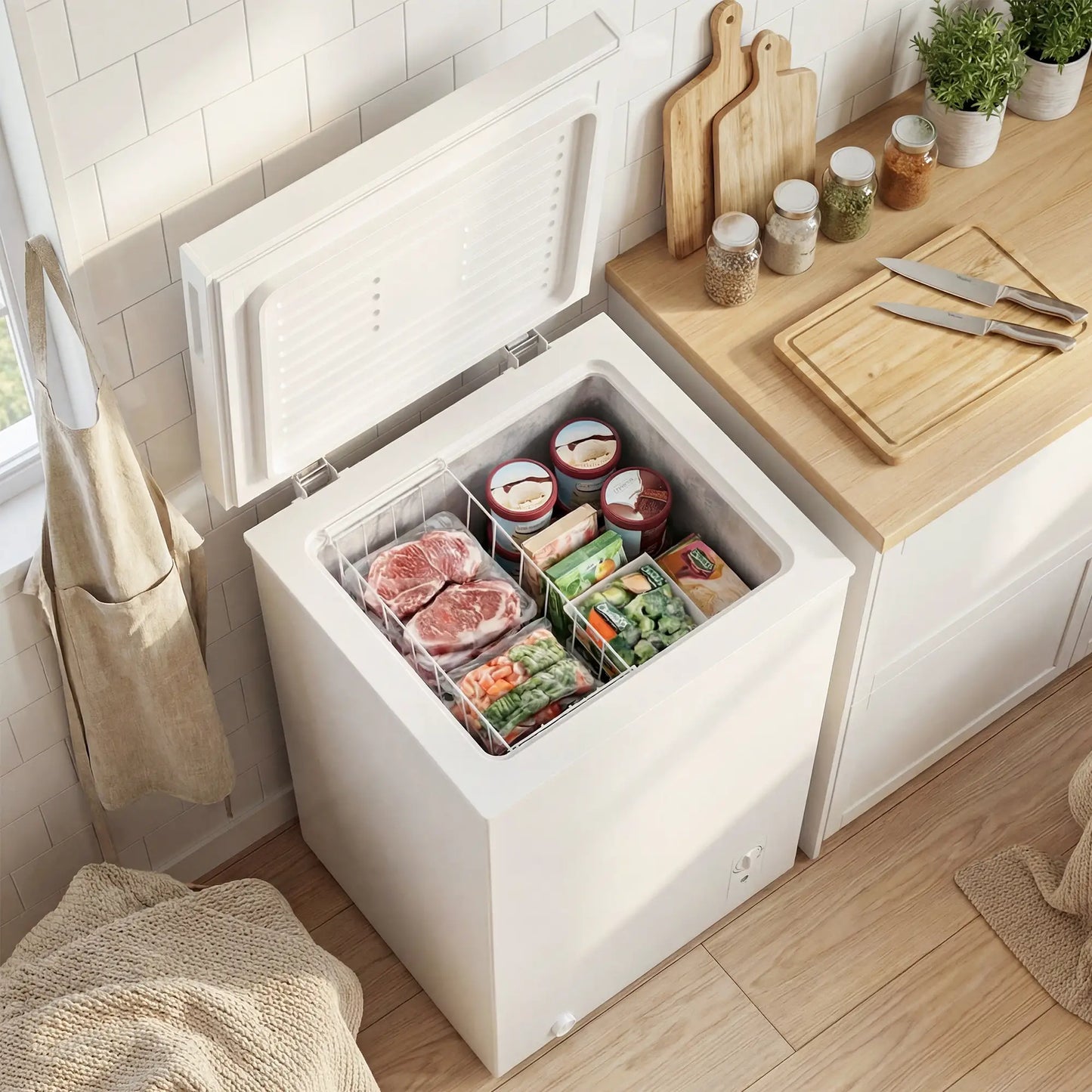3.5 Cu.Ft Chest Freezer, Adjustable Thermostat, Wire Basket, White Small Kitchen Appliances at Gallery Canada