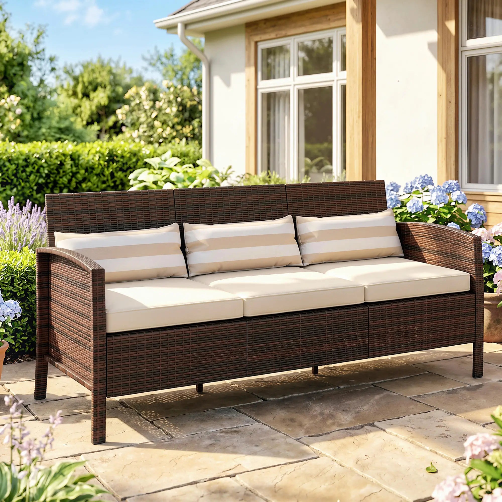 3-Seater Wicker Sofa, PE Rattan Outdoor Couch, Removable Cushions, Brown Patio Furniture Sets at Gallery Canada