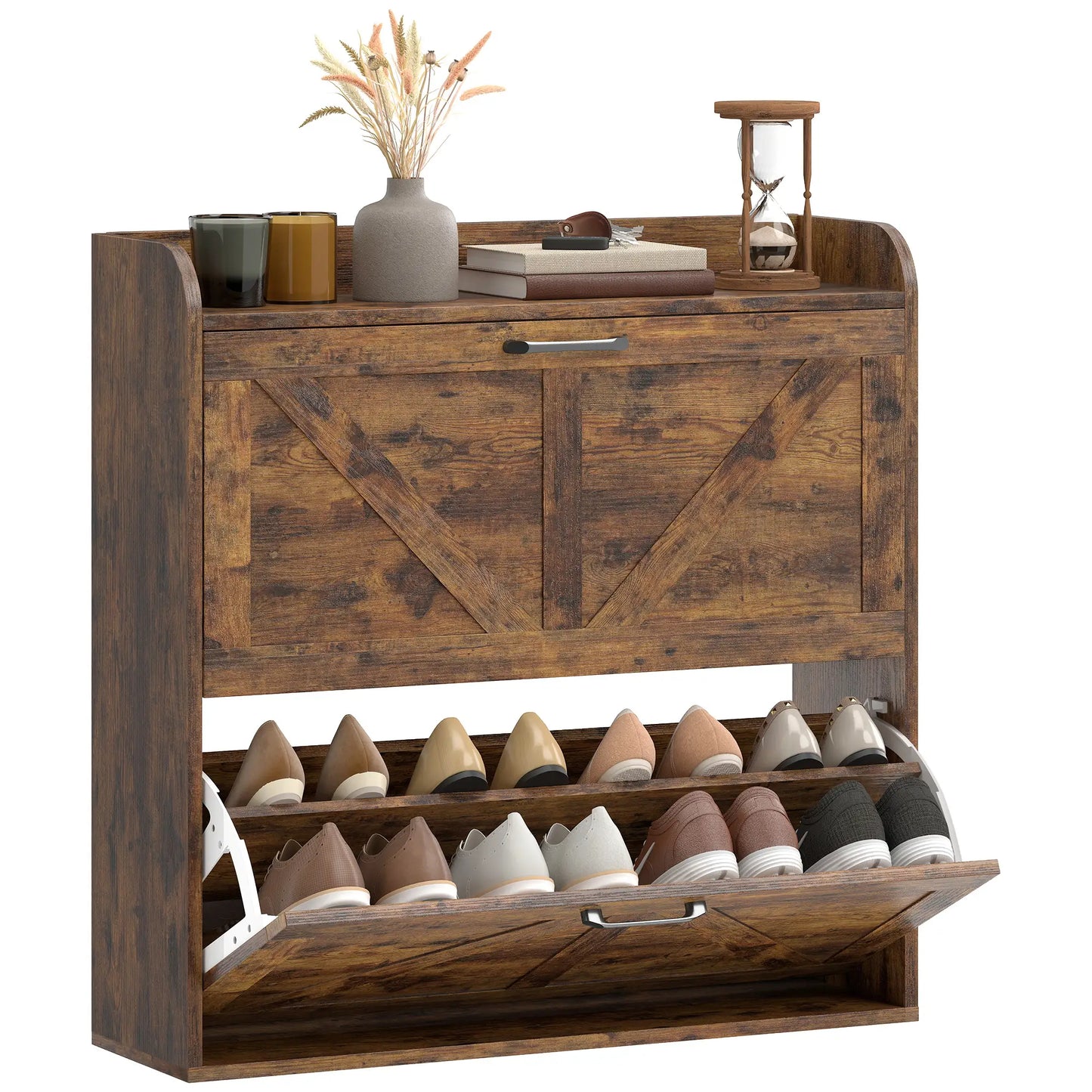 Narrow Shoe Storage Cabinet, Farmhouse Slim Shoe Cabinet with 2 Flip Drawers, Adjustable Shelves, Rustic Brown Shoe Storage Cabinets & Racks at Gallery Canada