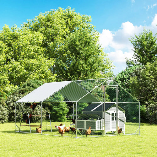 Metal Chicken Coop With Cover, Nesting Box, Roosting Bars, 9.8 x 13.1 x 6.4 ft